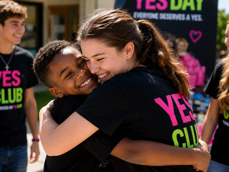 High school students celebrating with a child